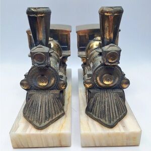 Vintage Train Bookends Marble & Metal Heavy Engine Door Stops